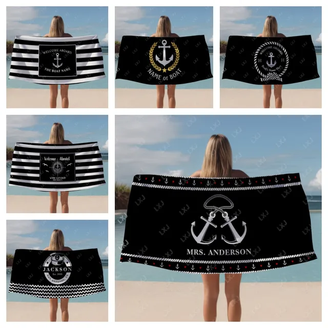 Black Nautical Anchor Beach Towel, Microfiber Printed Beach Blanket for Beach, Travel, Camping, Customizable with Boat Name