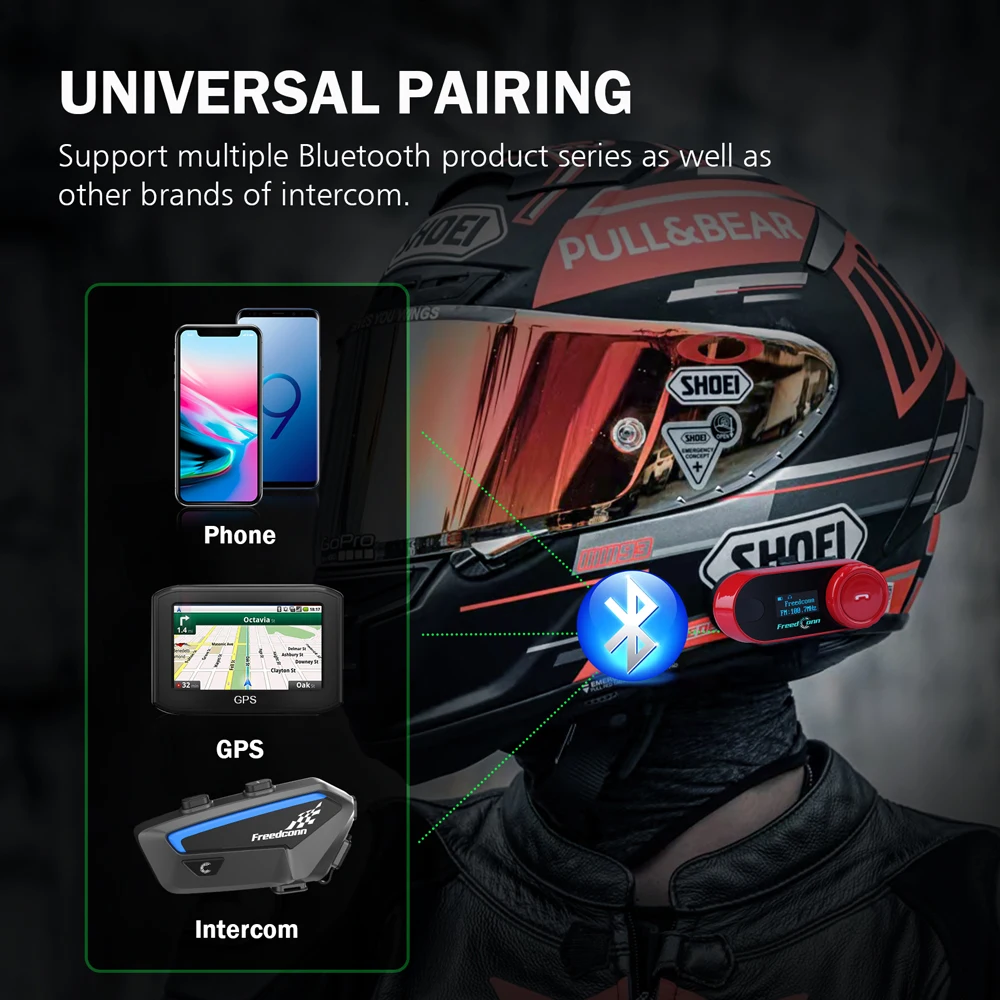 FreedConn Motorcycle Intercom Helmet Bluetooth Headsets Handsfree Intercomunicador BT 5.0 FM Radio Music Sharing 6 Riders
