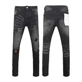 Top quality Jeans Men Fashion High street Retro wash black Distressed Paint Hole patch Elastic Skinny Pants Pleated Ripped Jeans 1