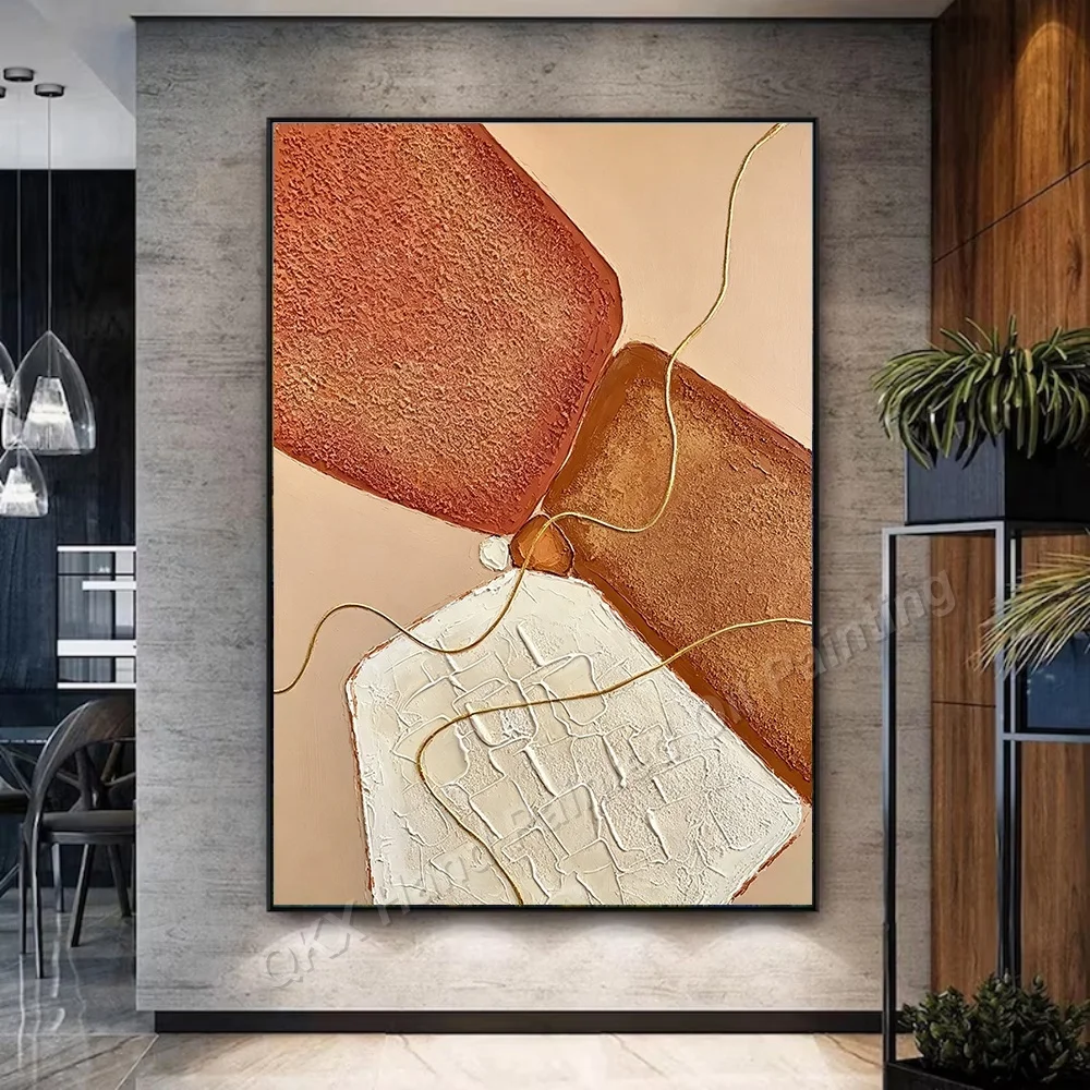 Dipinto a Olio su Tela Fatto a Mano, Decorazione Murale per Soggiorno, Arte su Tela Geometrica Wabi-Sabi con Linee Dorate Verticali in Impasto - immagine 3