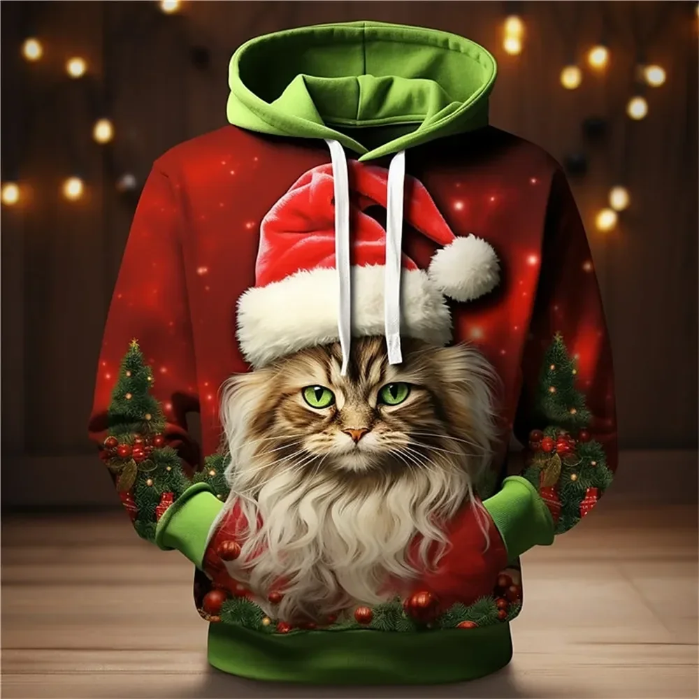 Christmas Cat Print Men's Hoodie