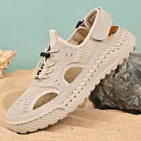 Sandales creuses en cuir faites à la main pour hommes, casquette Parker, chaussures de plage en maille, sports de plein air, loisirs, marée d'été, nouveau style, 2024 2