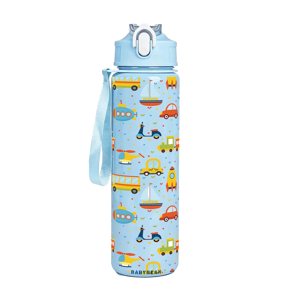 Cartoon Transport Vehicle Print Leakproof Water Bottle with Flip Straw and Lanyard - 750ml