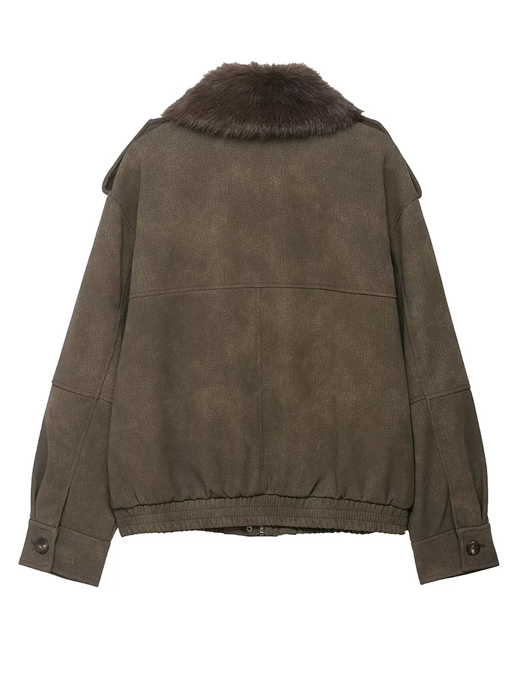 Women Suede Jacket 2025 New Autumn Winter Fashion Fur Collar Long Sleeve Zipper Coat Chic Female High Street Elegant  Outerwear