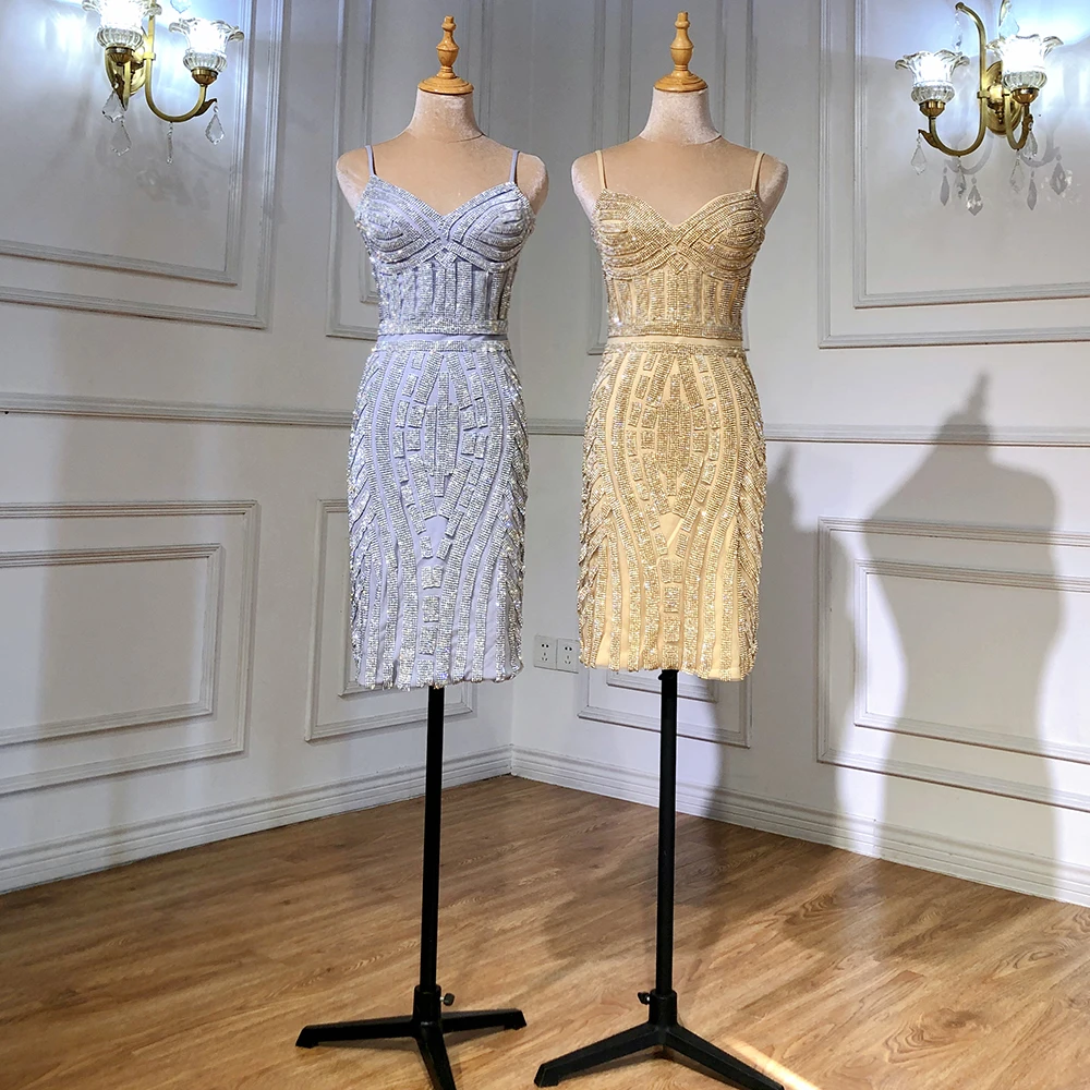 Short Gold Crystal Cocktail Party Dresses Dubai Sleeveless Tulle Sexy Formal Dress Serene Hill LA6050