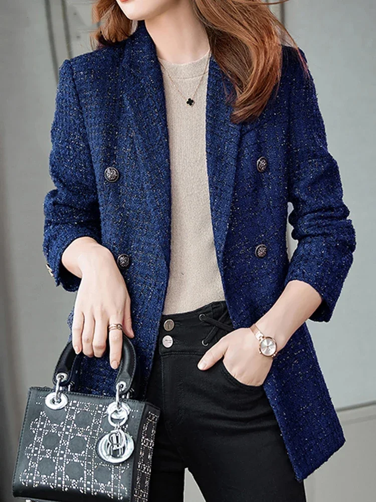 Women\'s Elegant Double-Breasted Tweed Blazers Thick Warm and Overcoat with Button Casual Long Sleeved for Winter Jacket