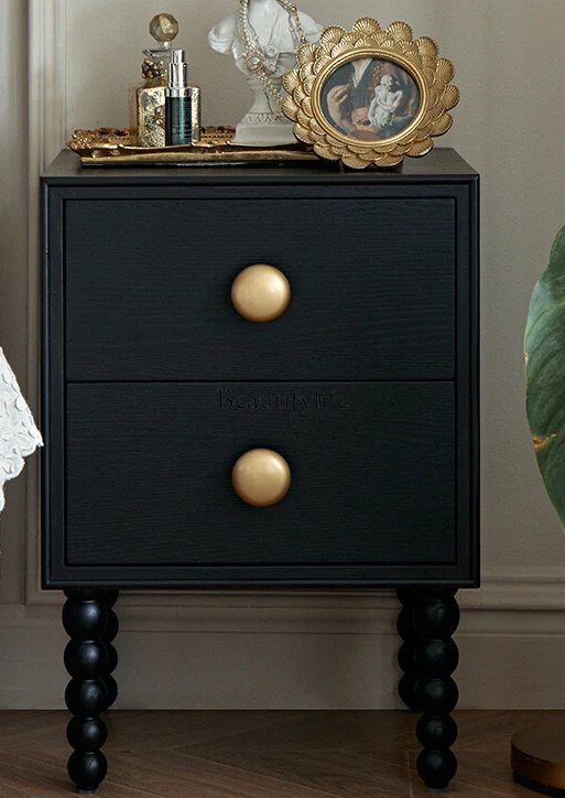 

French Retro Solid Wood Bedside Cabinet Black Bedroom Storage Cabinet