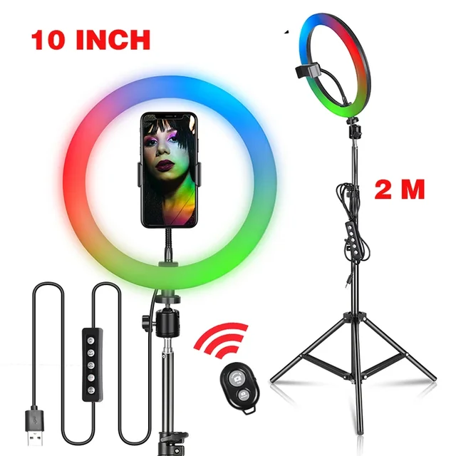 SH 10/12/14 Inch RGB Selfie Ring Light Photo Studio LED 15 Color Dimmable Ring Lamp With Stand Tripod For Phone Makeup 1