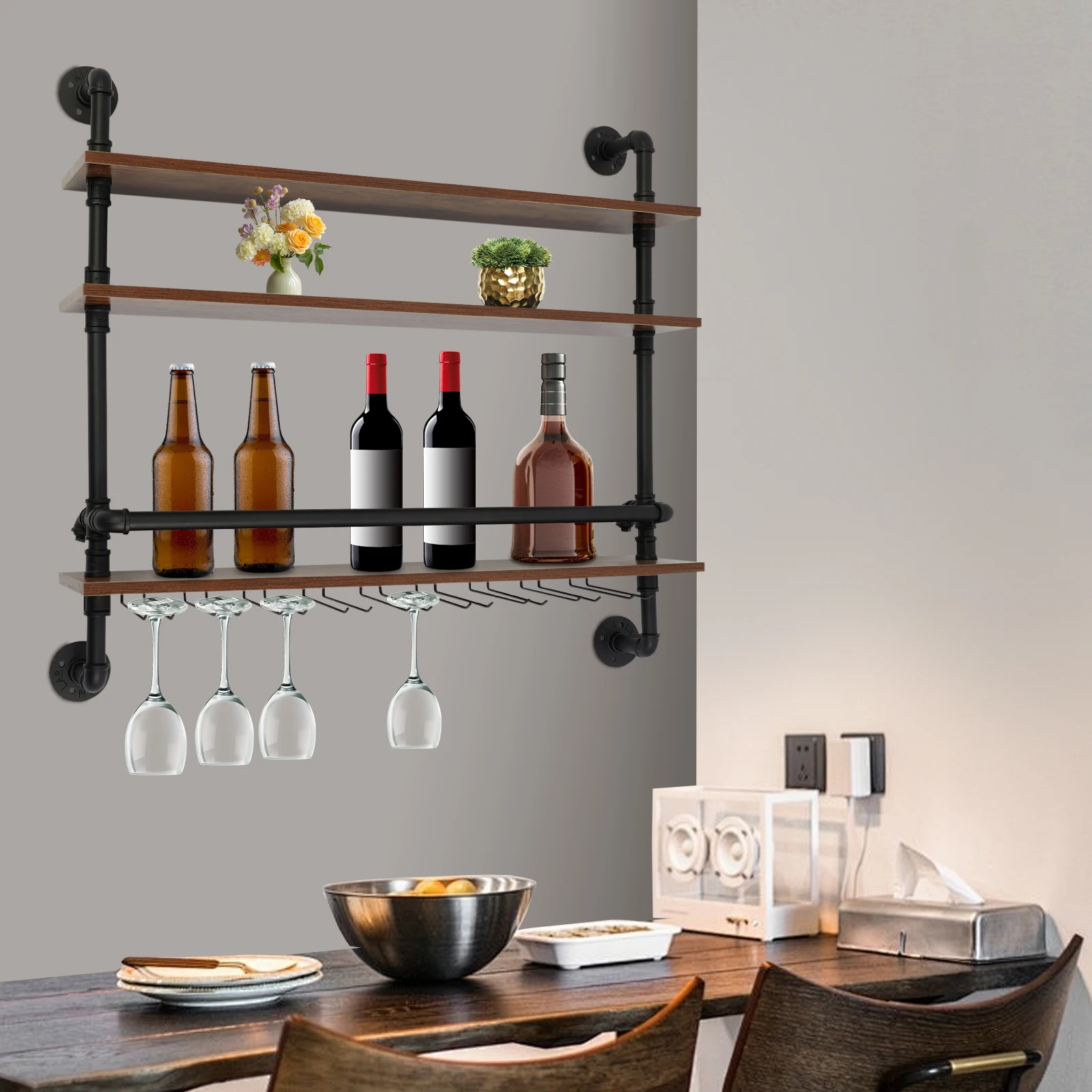 3-Tier Wall Wine Rack with Glass Holder Industrial Metal Floating Bar  Liquor Bottles Display for Kitchen Dining Room Bar - AliExpress, image size:1600x1600