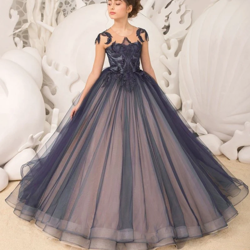 

Elegant Black Flower Girl Dresses Puffy Lace Ball Gown Tulle Sleeveless For Weddings First Holy Communion Pageant Dresses
