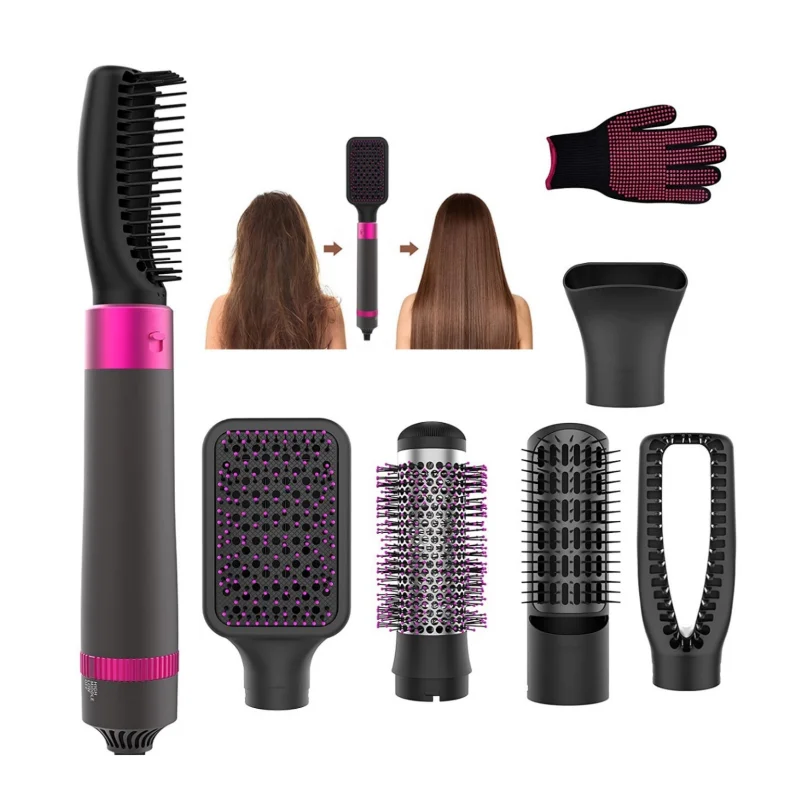 5 in 1 Negative Ion Hot Air Brush Kit Hair Dryer 5 Detachable Brush Heads Straightening and Curling Styling