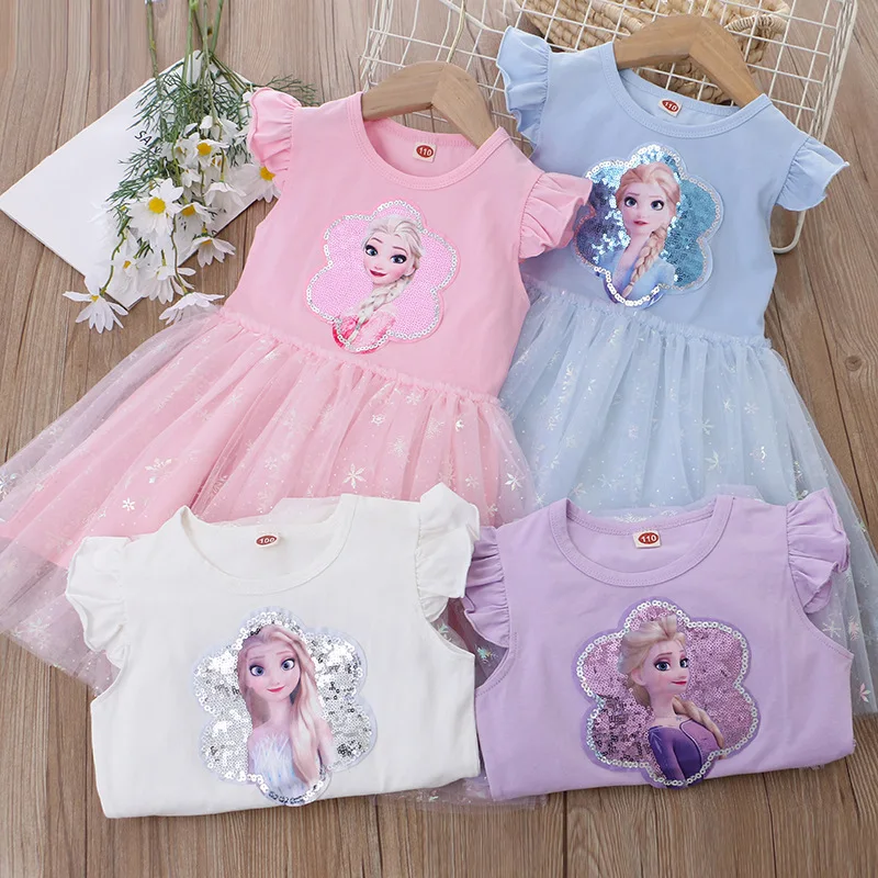 

Girls Frozen Elsa Princess Dresses 2022 Summer Kids Flying Sleeve Sequins Dress Cartoon Tulle Poncho Skirt Children Party Costum