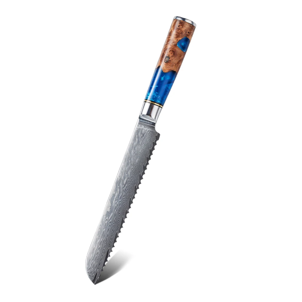 8-inch Restaurants Bread Knife Damascus 67 layers Steel Chef Knife Super Sharp Frozen meat Sawtooth knife With Blue resin Handle