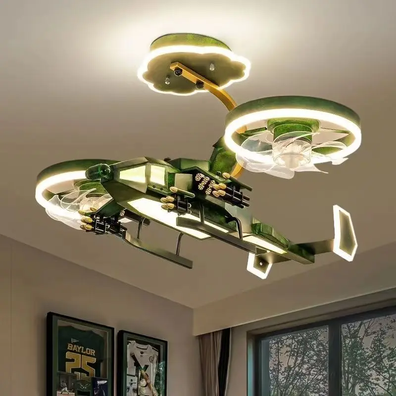 Aircraft fan light, children's room, boy's bedroom, chandelier creative, Avatar combat helicopter model, room lighting decoratio 2