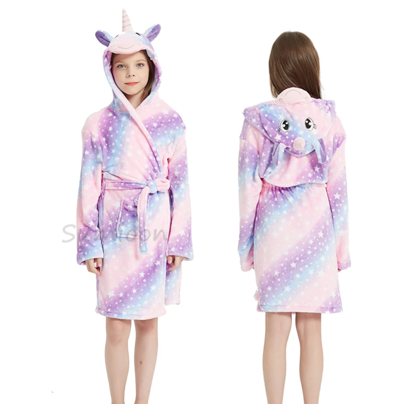 New Winter Big Boys Girls Bath Robe Children Unicorn Hooded Flannel Pajamas Lengthen Bathrobes for Teenage Boy Cartoon Pajamas
