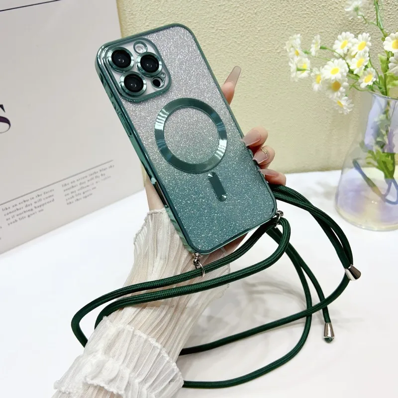 Magnetic Crossbody Glitter Plating Strap Case with Wireless Charging Capability