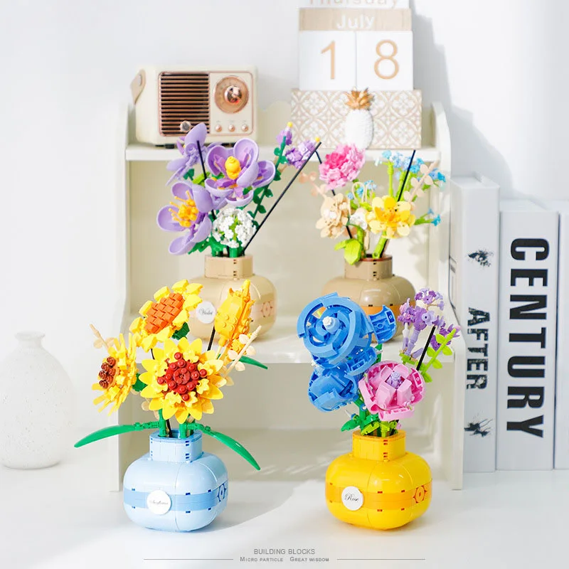 

Perpetual Flower Blocks Vase Potted Plant Arrangement Small Particles of Building Blocks Bouquet Assembled Educational Toy Block