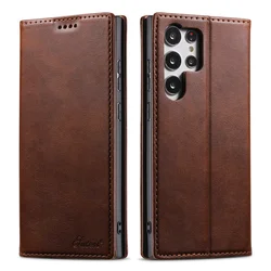 Luxury Calfskin Magnetic Flip Leather Wallet Case - Premium PU Leather - Galaxy S22 Plus (Brown)