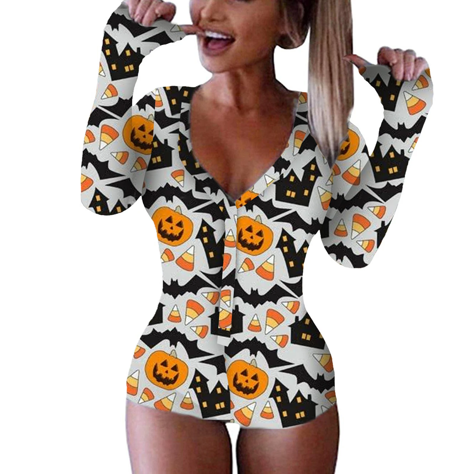 HEZIOWYUN Women's Halloween Bodysuit Tight Fitted Oneseies Pumpkin Print Button Down V Neck Long Sleeve Jumpsuit for Party Club