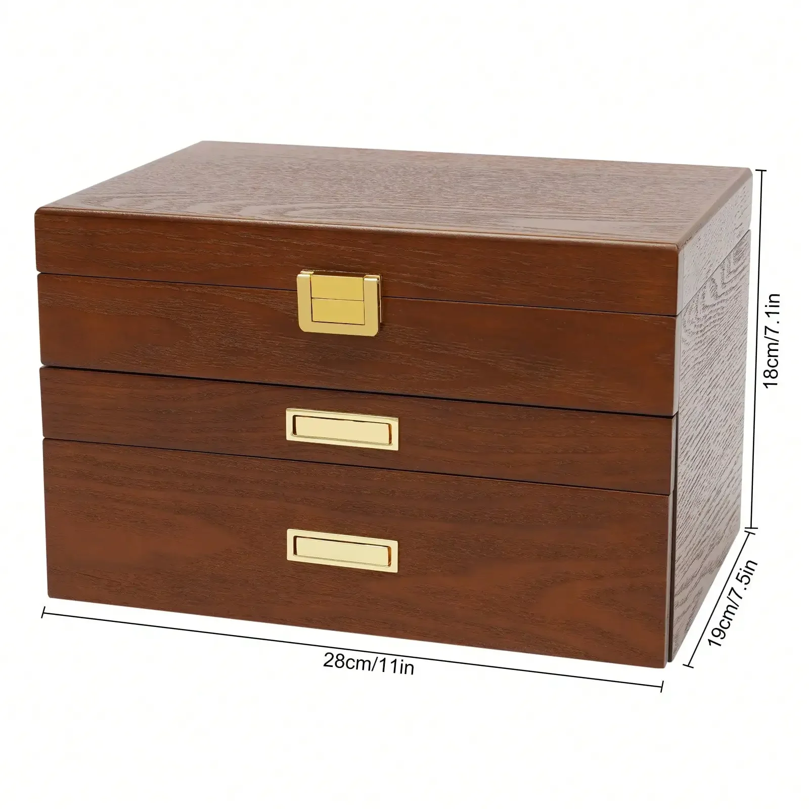 Wood Jewelry Box for Watch Necklace Rings Earrings, 3 Layer Organizer, Multi-Functional Storage Drawers, Brown