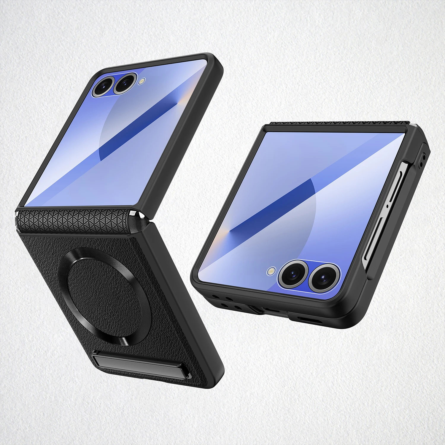 Magnetic Wireless Charging Kickstand Phone Case with Hinge Protection and Leather Cover