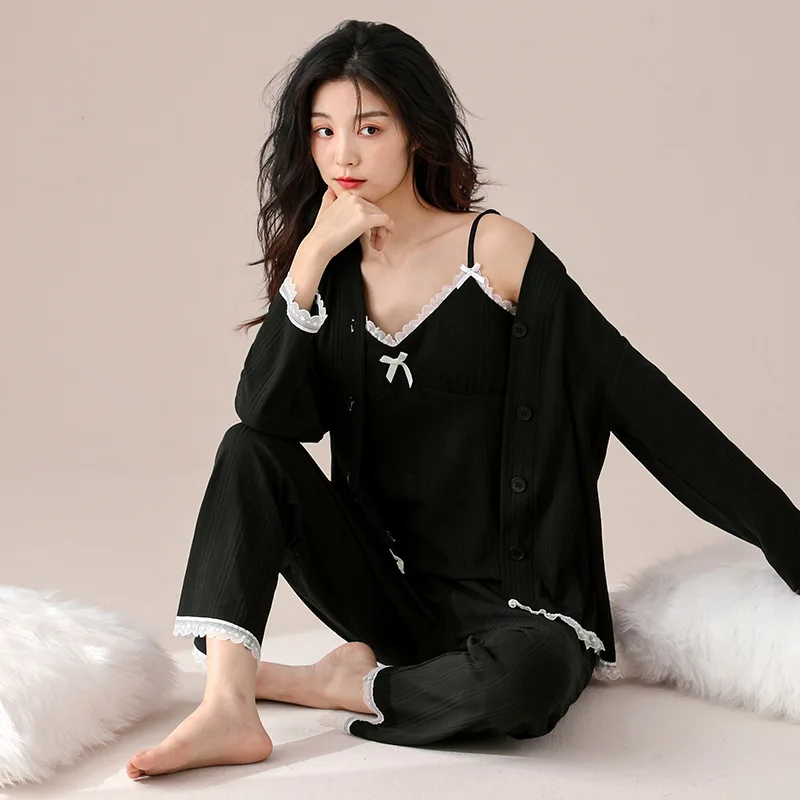 

[With Chest Pad] Sleepwear Women's Sexy Hanging Strap Three Piece Set Cotton Long sleeved Pants Spring Autumn Home Furnishings