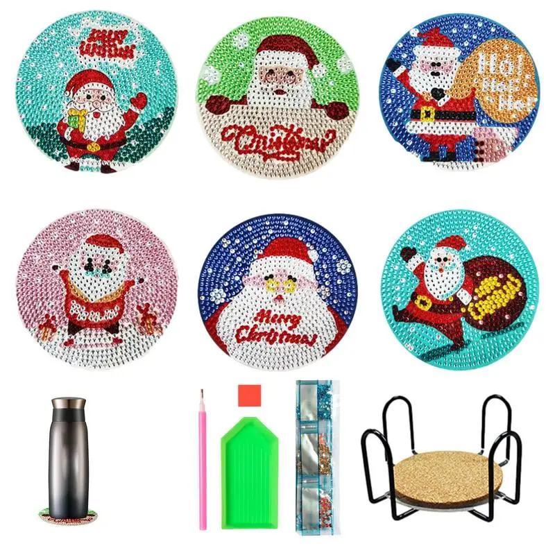 

Diamonds Painting Coasters With Holder 6pcs DIY Christmas Coasters Diamonds Painting Kits Diamond Art Kits For DIY Coasters