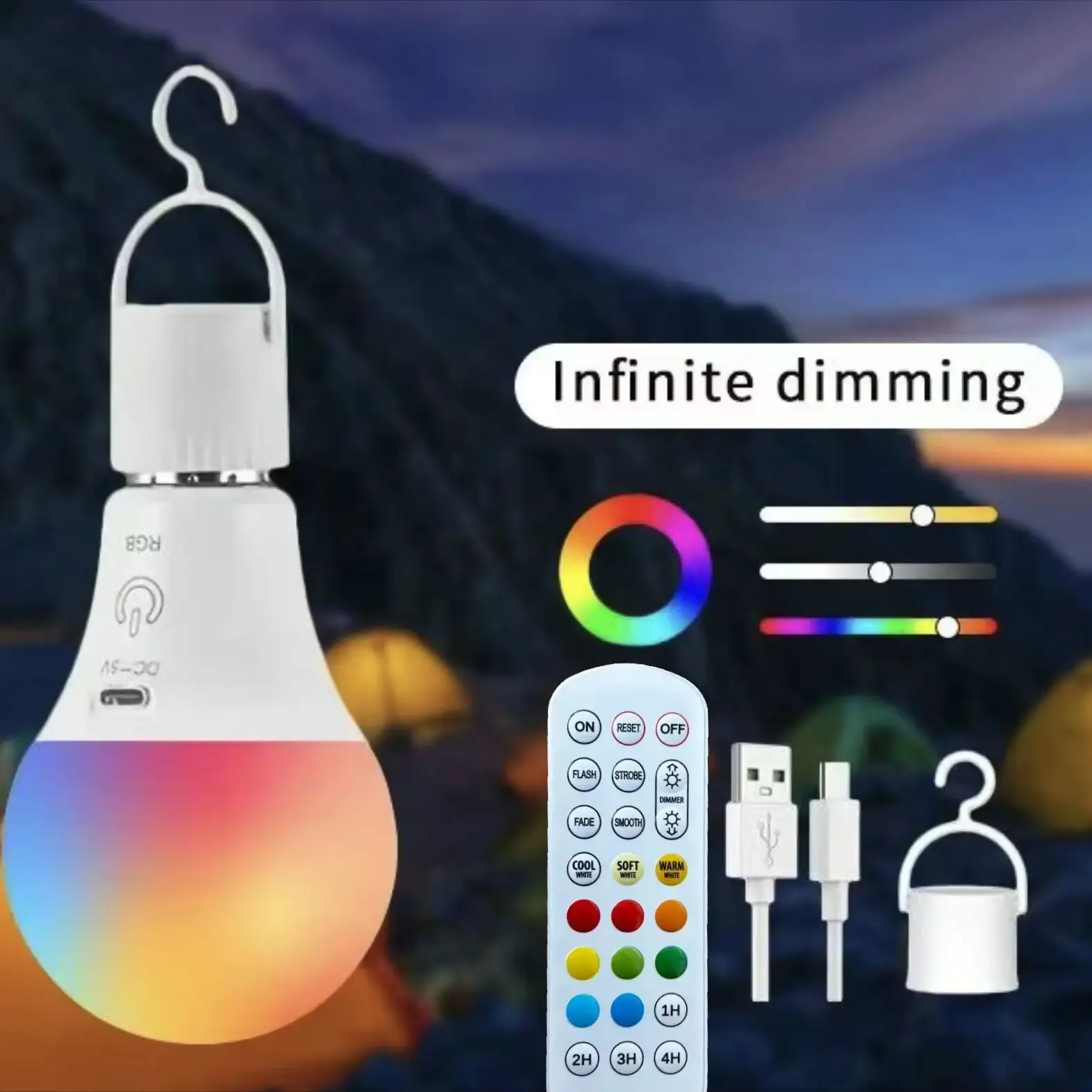 Bombilla Inteligente RGB Recargable con Control Remoto – Alimentada por Batería, Base E26, Gancho para Colgar en Lámparas, Tiendas de Campaña, Fiestas y Emergencias