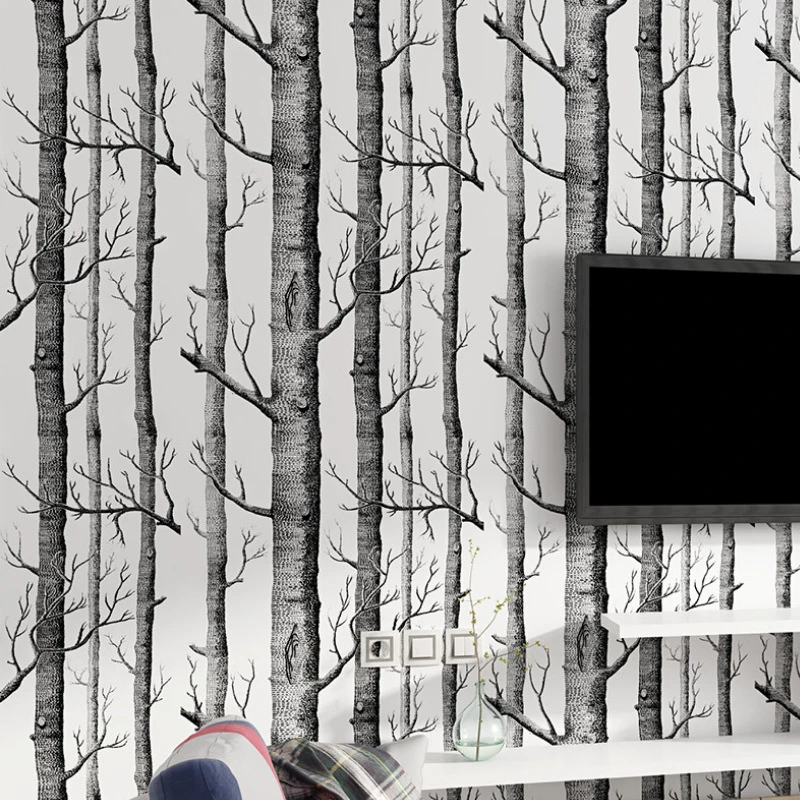 Black White Birch Tree Wallpaper Modern Design Roll Pearly Rustic Forest Woods Bedroom Living Room Wall Paper Home Decor