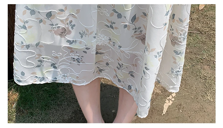 Summer New Chinese Style Midi Dresses for Women Floral Printed V-neck Puff Sleeve A-line Casual Elegant Dress One Piece Vestido