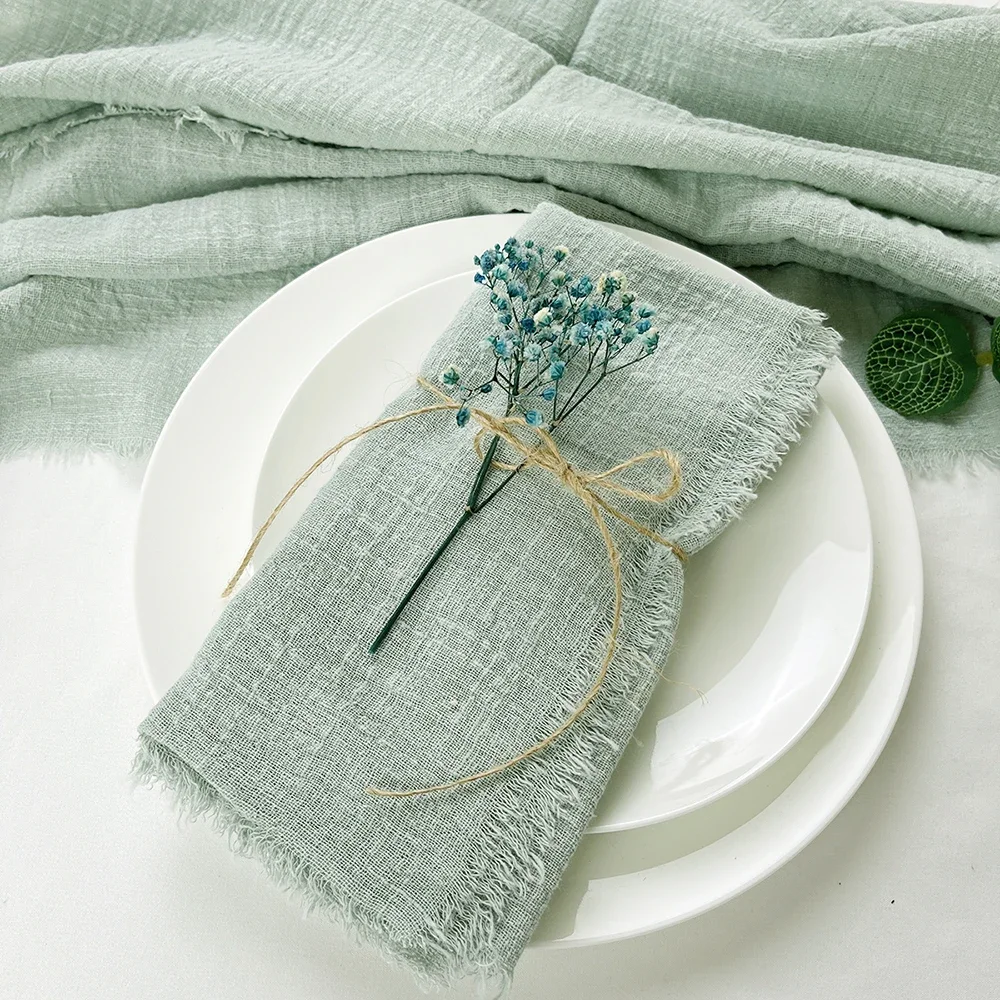Reusable Cotton Wedding Napkins - 10pcs Green Trim Rustic Party Decor