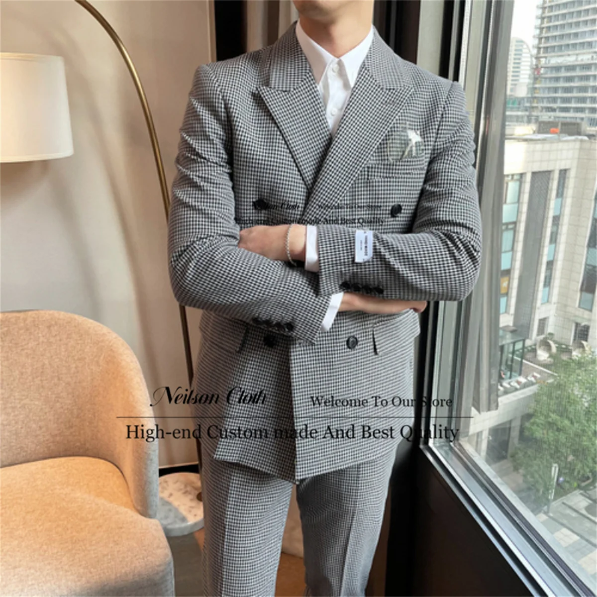 

Formal Gray Men Suits Peaked Lapel Double Breasted Groom Wedding Tuxedos 2 Pieces Sets Male Prom Blazers Slim Fit Costume Homme