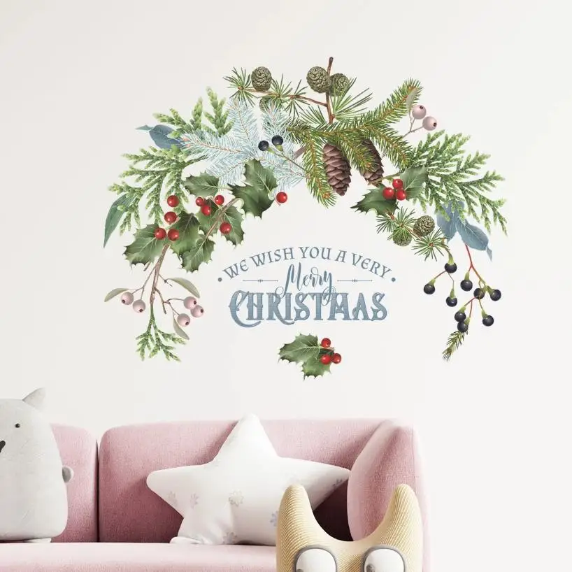 New 1 Pcs Green Plant Pine Cones Branch Wall Stickers Christmas Decoration New Year Decor Glass Window Door Posters Home Mural