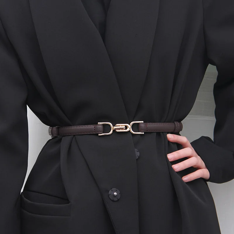 Women's Adjustable Skinny Faux Leather Belt with Vintage Golden Buckle
