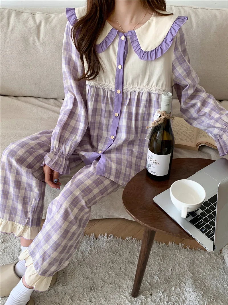 

Korean Sweet Ruffled Pajamas Cute Plaid Doll Collar Button Cardigan Nightwear Long Sleeve Pants Loose Home Wear 2Pcs Set D738
