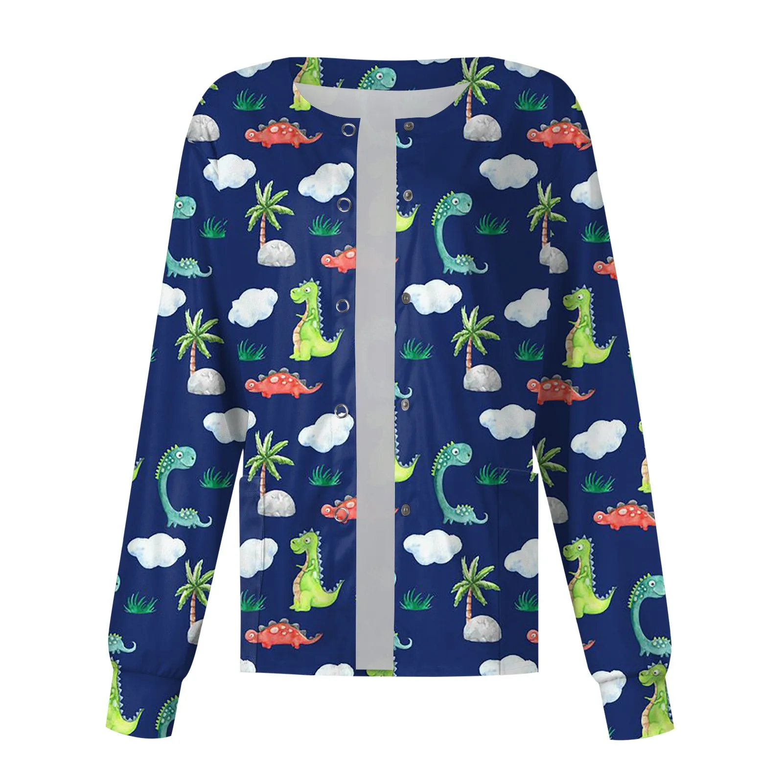 thumbnail image 1 of Chaqueta de uniforme de enfermera de spa con puntadas de primavera y otoño, con estampado de dinosaurio bonito, chaqueta de manga larga para mujer, uniforme de enfermera para clínica, 1 of 5