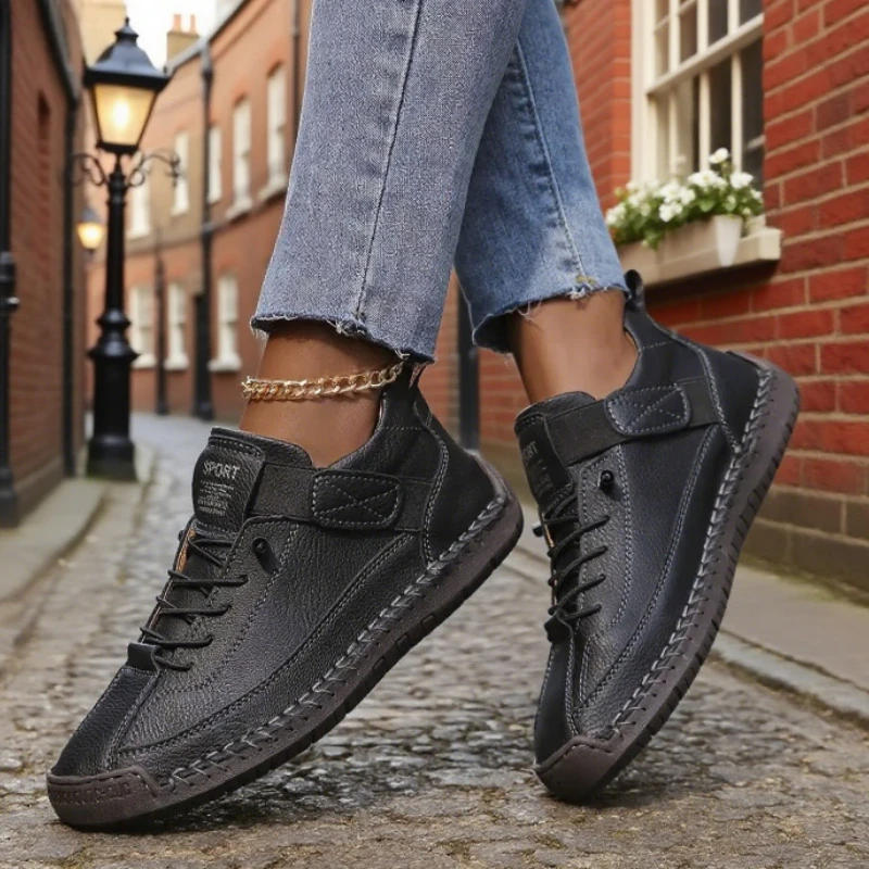 Handmade Leather Women's Loafers Casual Comfort Soft Soled High-quality Motorcycle Boots Fashionable British Tennis Nude Boots