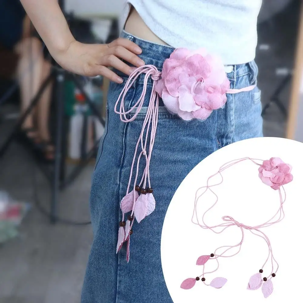 

Wild Chiffon Big Flower Ladies Thin Belt Sweet Tassel Braid Decoration Elegant Handmade Flower Fine Womens Dress Belt