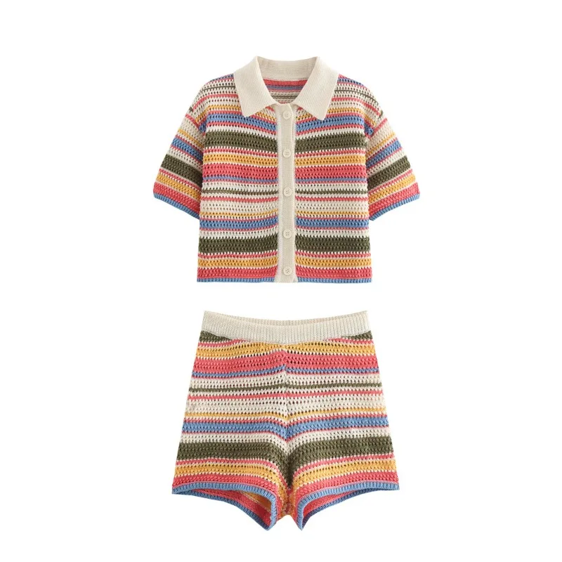 TRAF ZR Short Set Woman Two Pieces Casual Elegant Prairie Chic Striped Patchwork Sets Women's Summer Suit Set Short Sleeve Sets 2