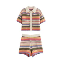 TRAF ZR Short Set Woman Two Pieces Casual Elegant Prairie Chic Striped Patchwork Sets Women's Summer Suit Set Short Sleeve Sets 2