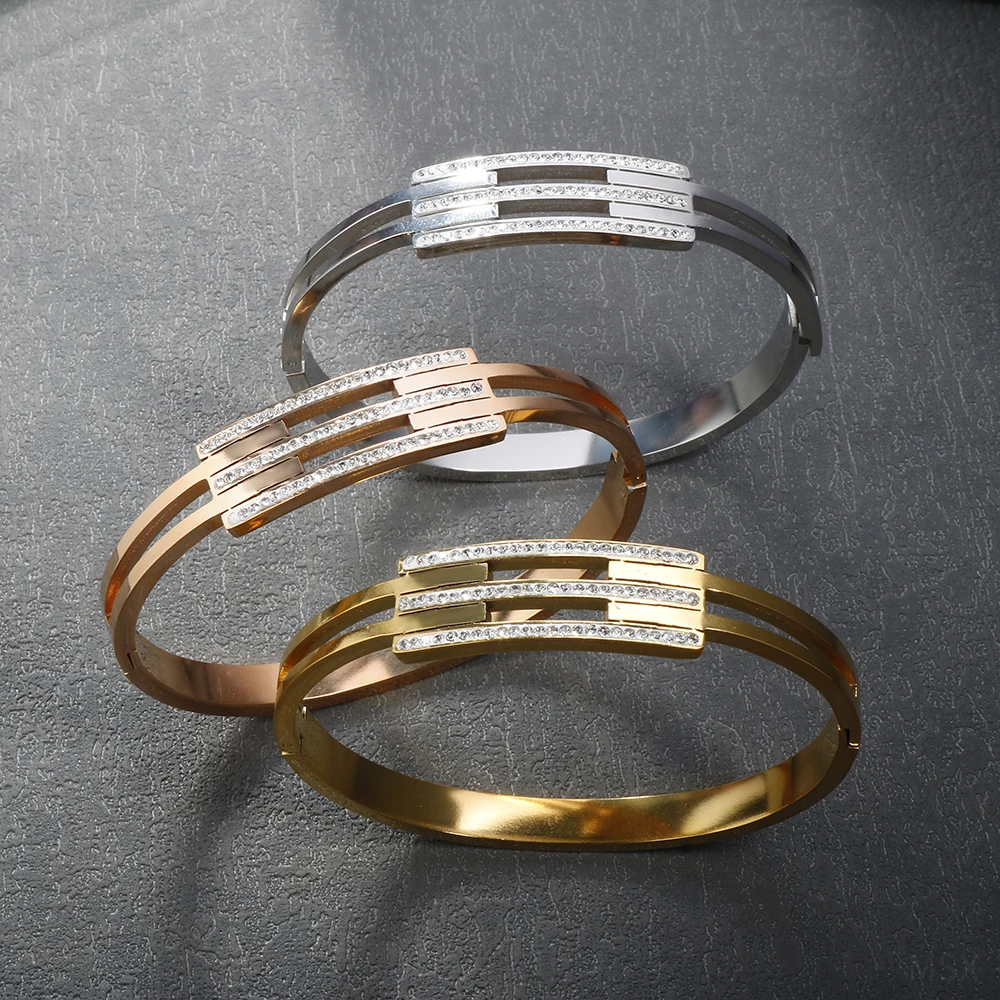 Luxury High-end Three Layer Inlaid Zircon Stainless Steel Cuff Bracelet 18 K Gold Plated Waterproof Clasp Bangle Fine Jewelry 2