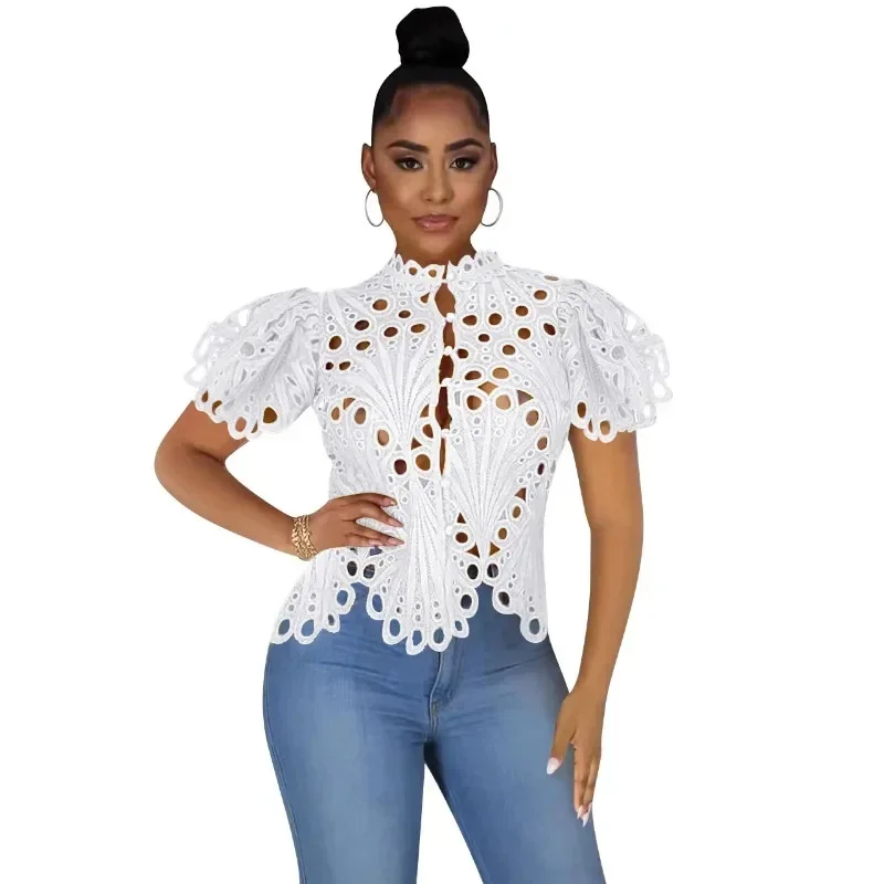 Women Chic Solid Hollow Out Turtleneck Short Sleeves Beading Button Sexy White Blouse Tops