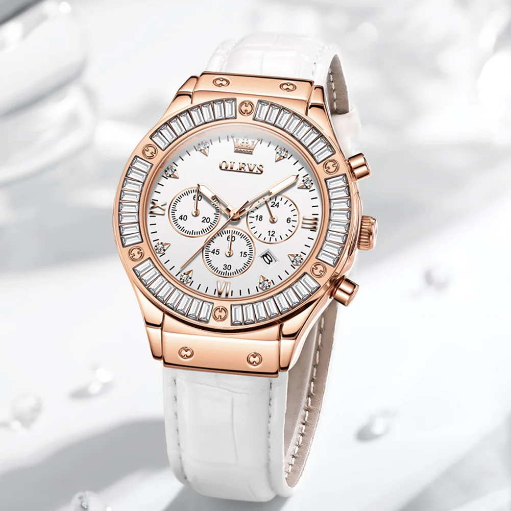 

OLEVS Crystal Bezel Women's Watches Fashion Dial Clock Quartz Wristwatch Leather Bands Luxury Watch For Women reloj para mujer