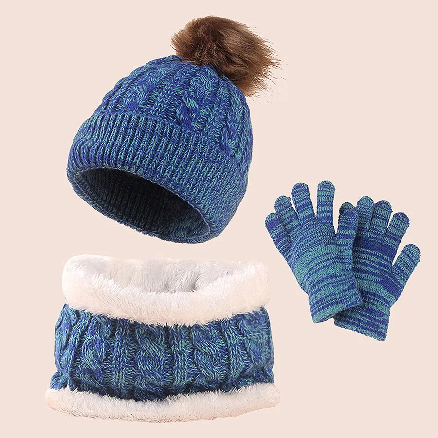 3pcs Winter Hat Sets for Children Beanies Snood Gloves Kids Gilr Boy Winter Cap Short Scarf Cute Big Pompom 2-7 Years