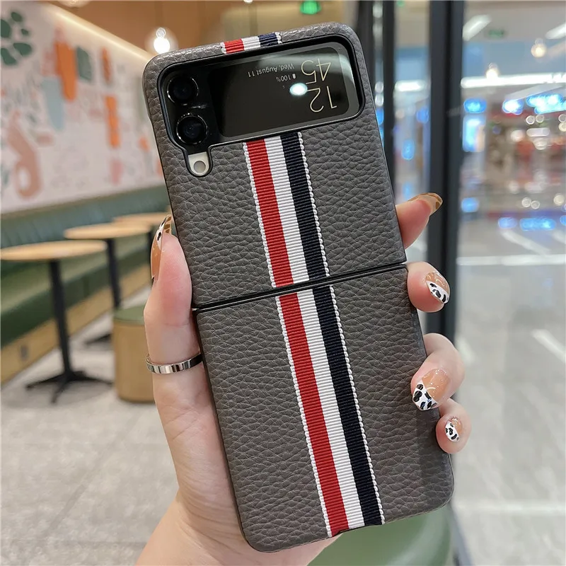 2023 Fashion Stripe Litchi Grain Cross Case Per Samsung Galaxy Z Flip 4 3 Cover Anti-Knock Custodie In Pelle Di Lusso Per Flip 3 Flip3