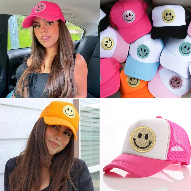 designer skully hat 2022 New 23 Colors Glitter Smiley Trucker Hat Men's Mesh Hat Summer Hat Trucker Hat Smiley Hat Adjustable Hat Cap Men  Unisex yellow skully hat