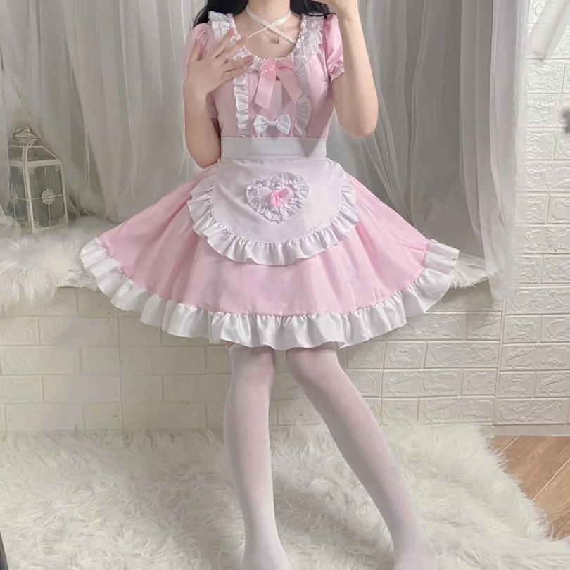 S-2XL Anime Lolita Dress Cafe Costumes Pink Maid Dress Lolita Sets Cosplay Maid Restaurant Cute Girl Kawaii Outfit