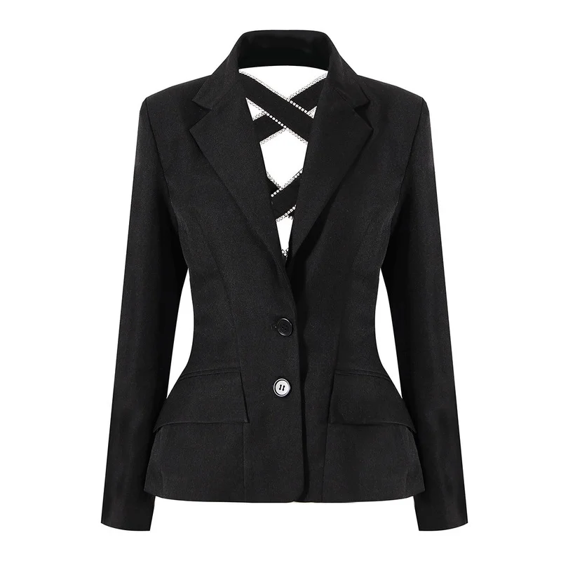 

ZCSMLL back cross hollow coat women's Minority fashion spring 22 new bow tie heavy industry Nail Drill slim waist closing suit