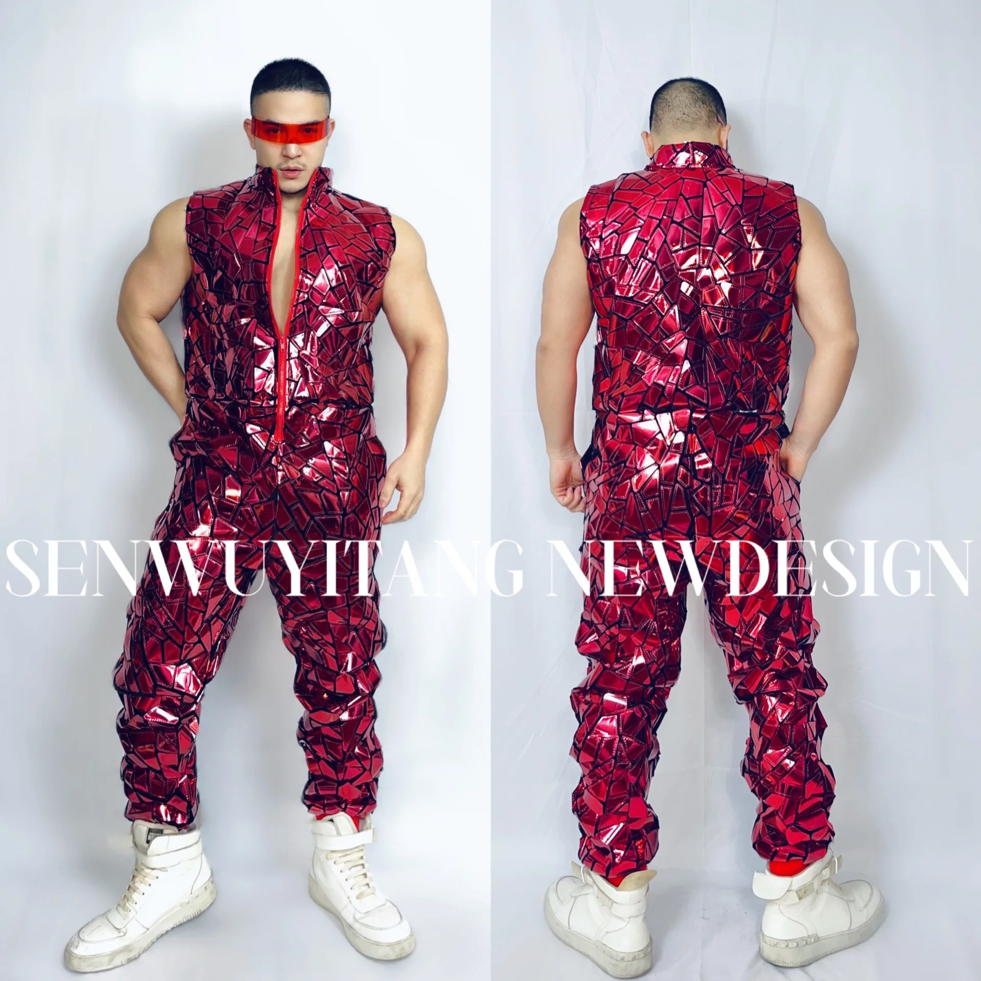 

Sleeveless Red Mirror Jumpsuit Man Laser Dance Theme Party Male Female Singer Nightclub Bar Gogo Stage Siamese Workwear Costumes