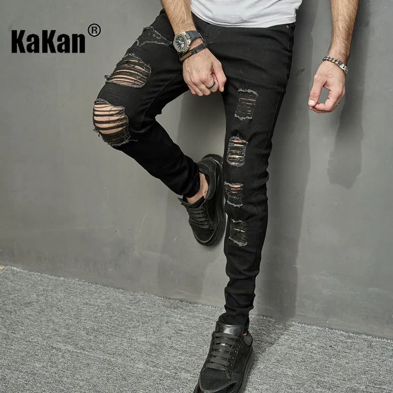 Kakan - European and American New Knee Hole Black Jeans for Men, High Street Fashion Slim Fit Elastic Denim Pants K9-1024